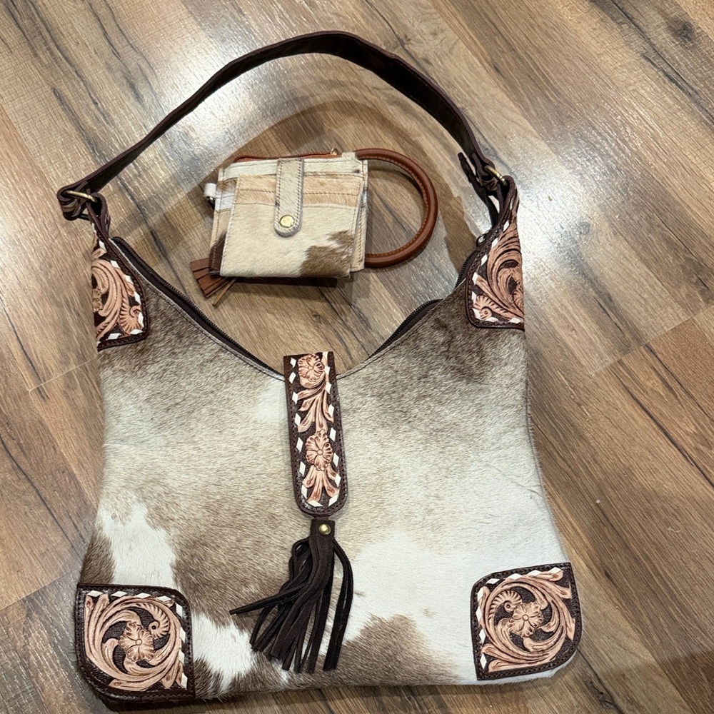 Cowhide Shoulder Bag with Tooled Leather Accents - Brown & White only purse